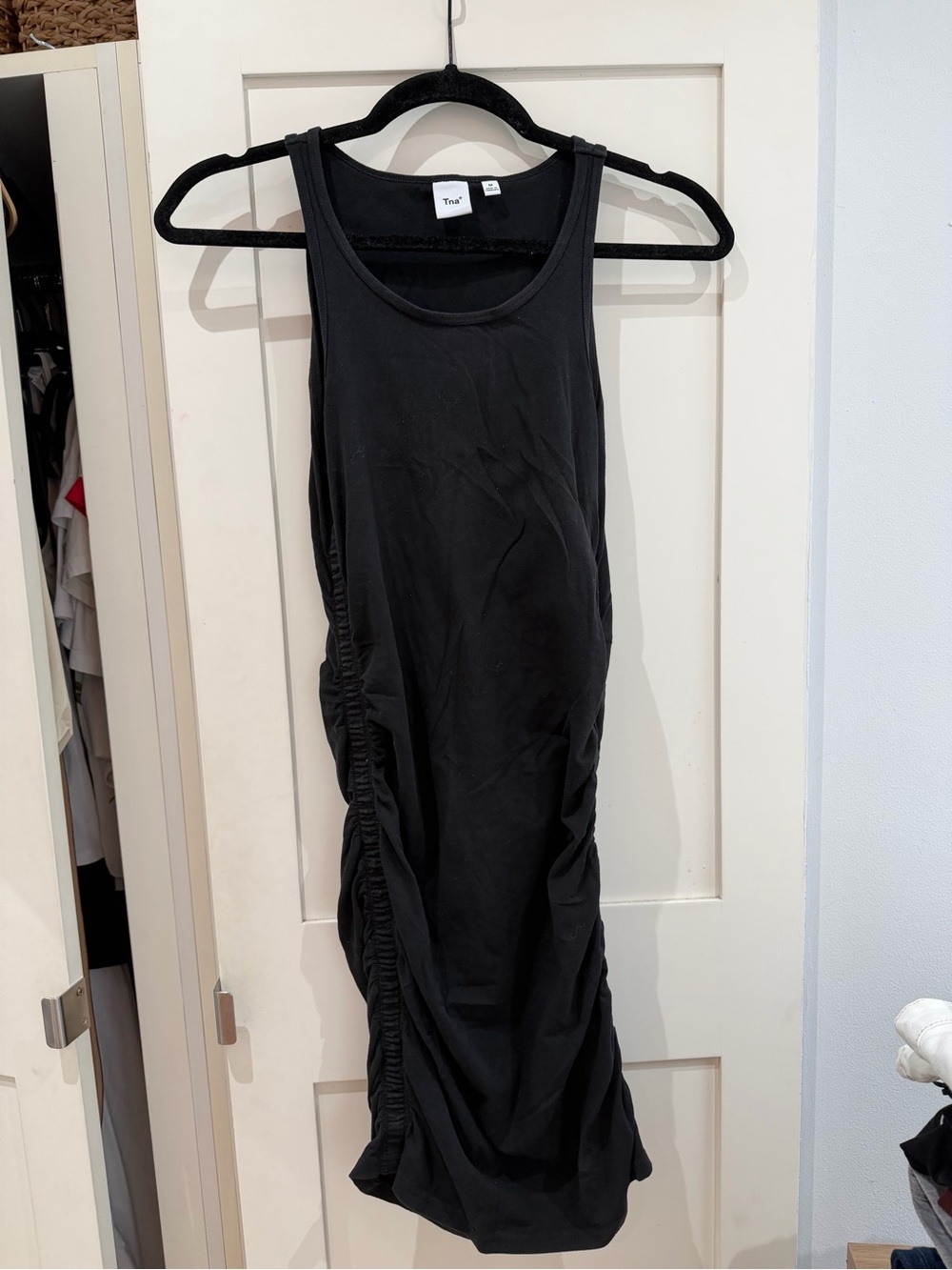 TNA Black Sleeveless Ruched Midi Dress